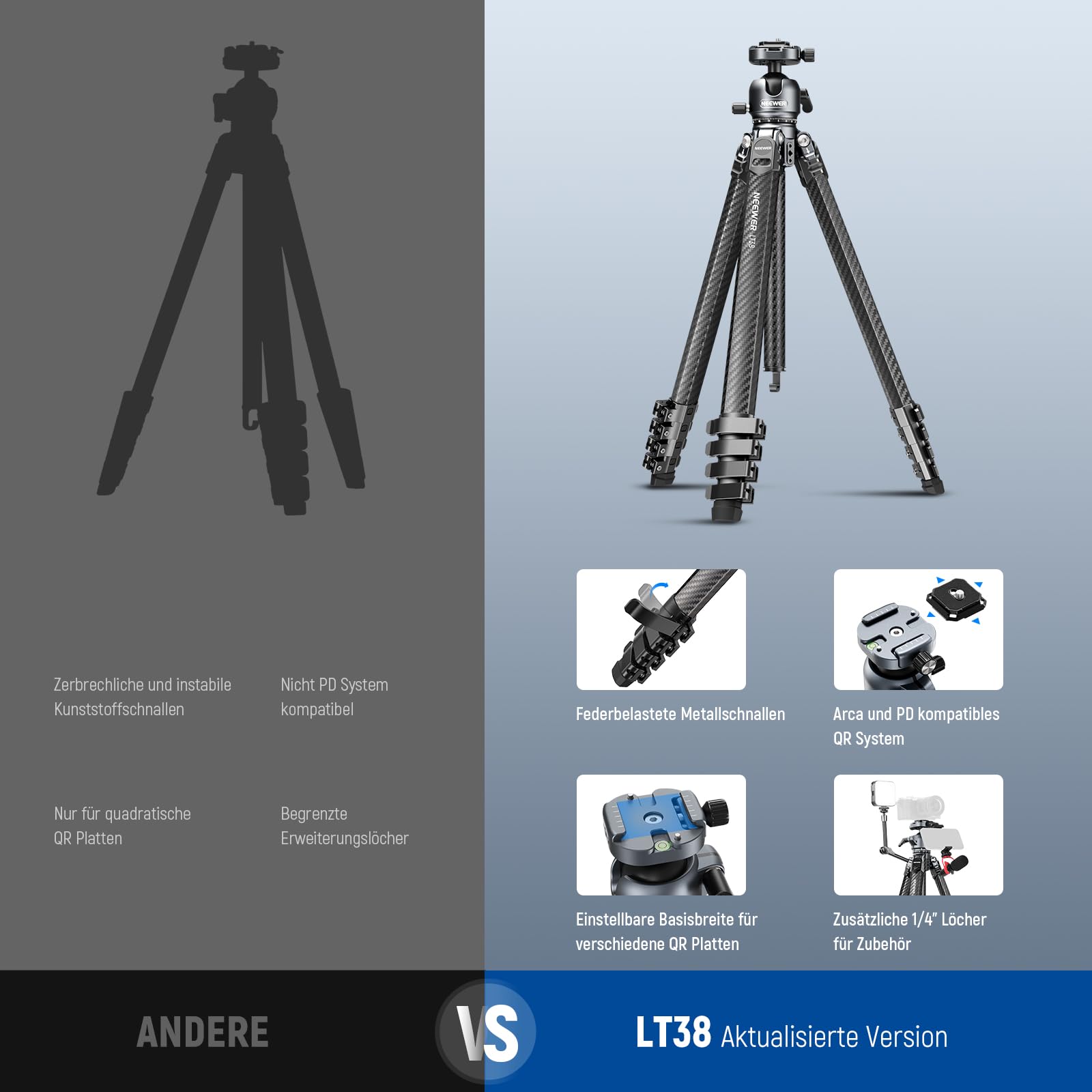 Neewer LITETRIP LT38 Kamera Reisestativ aus Kohlefaser 360° Schwenk/Neige niedrige Profil Kugelkopf flexible Mittelachse Arca QR Platte kompatibel mit Peak Design Stativ Clip V3 max Last – Bild 8
