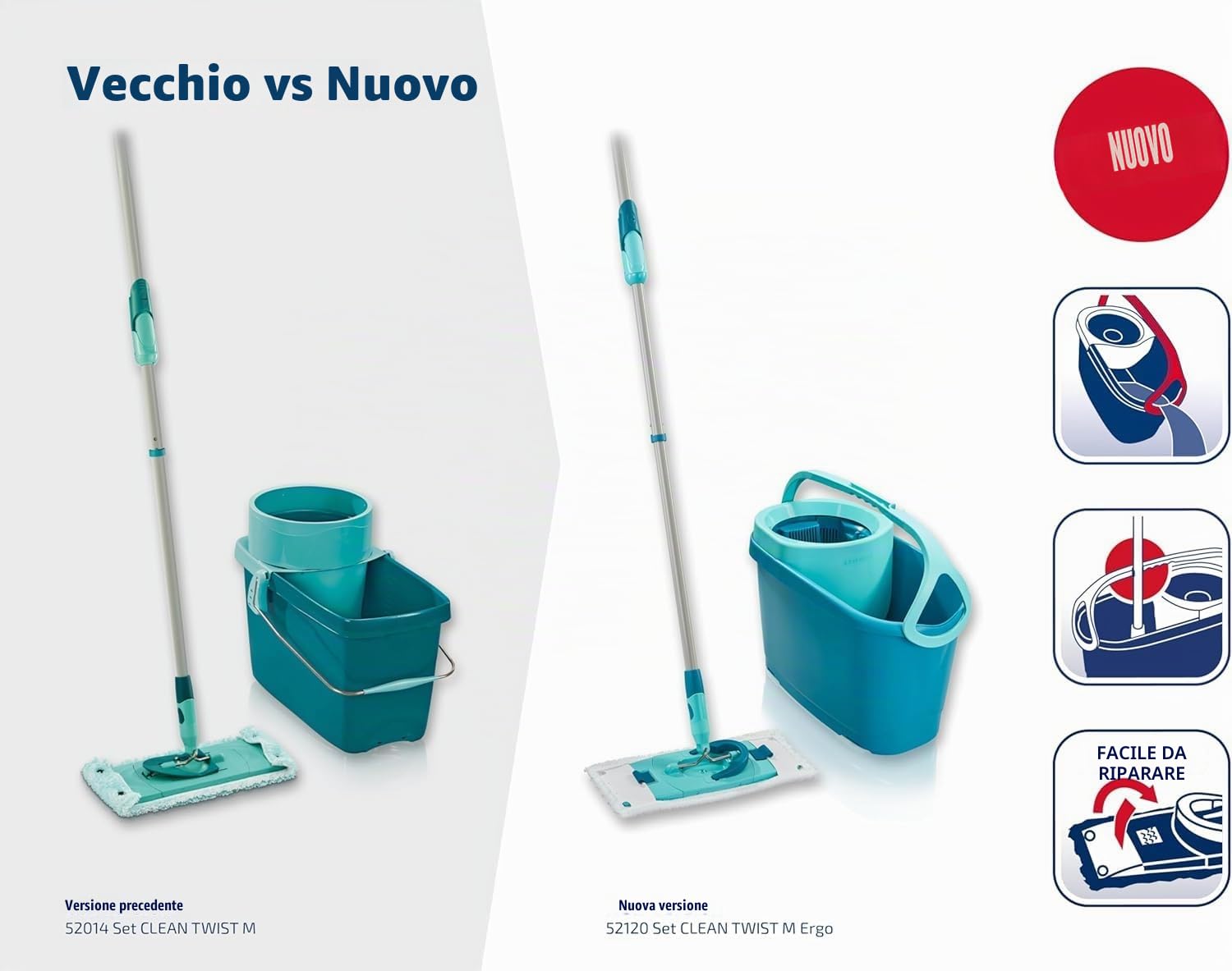 Leifheit Set Scopa Lavapavimenti CLEAN TWIST M Ergo, Strizzatura Rotante | Secchio 6 l con stop umidità, manico telescopico 110-140 cm, panno micro duo e duster static per pavimenti duri