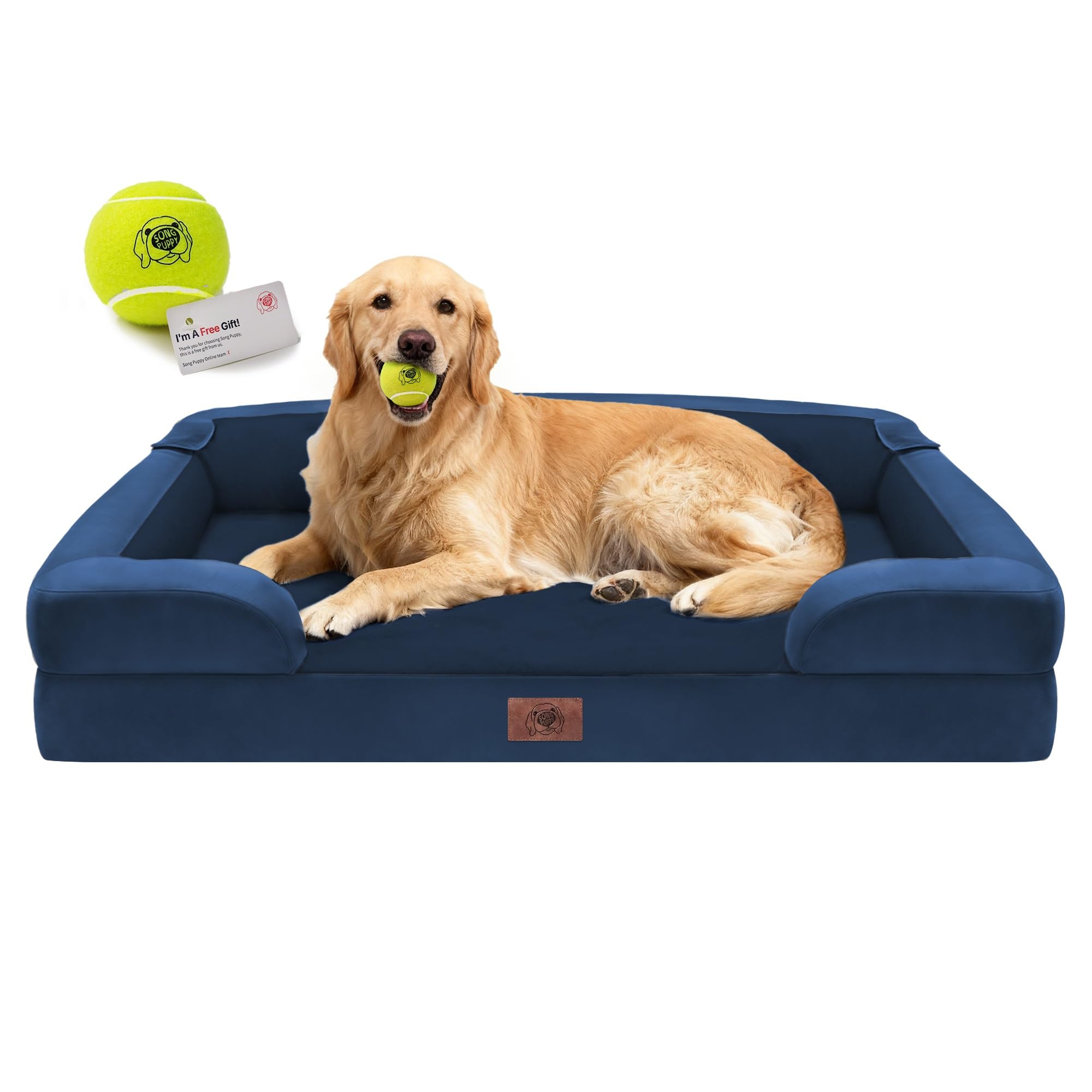 Extra Large Dog Bed, Orthopedic XL Washable Bed for Big Dog Waterproof Pet Couch Sofa Bolster with Removable Cover, Non-Slip Bottom, Tennis Ball Toy, 42x30