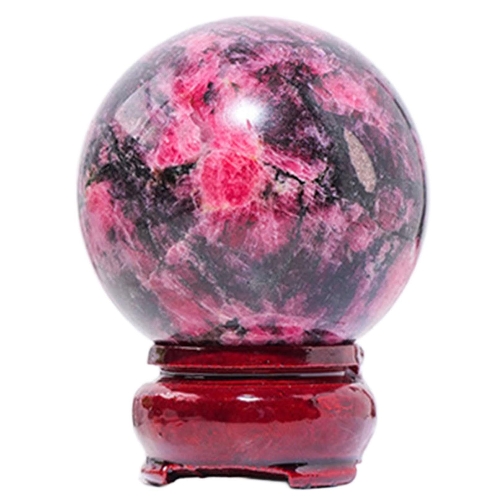 GPDNBIEU Fluorite Crystal Ball, Natural Rhodonite Divination Sphere Sculpture Figurine Home Decoration Fengshui Balls with Wood Stand(Diameter 2.4")