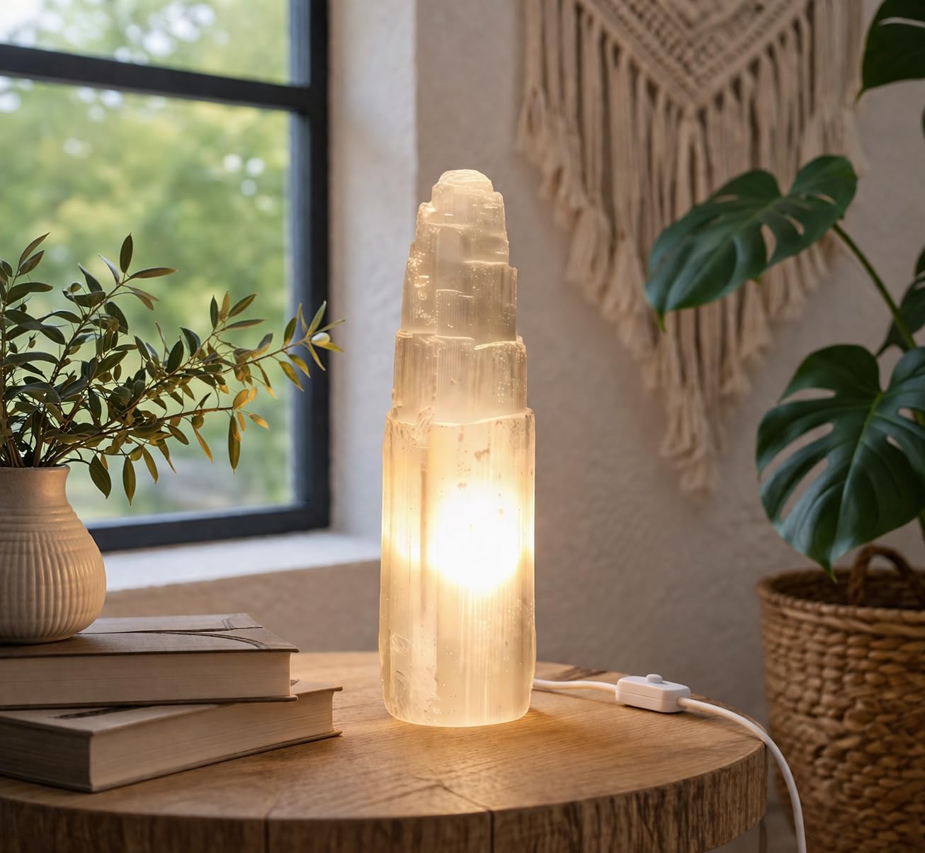 Lámpara de Torre de Selenita, Grande, Blanco Natural, Curación, Claridad y Meditación, Lámpara de Mesa de Cristal, Piedra Preciosa, Regalo, Mineral, Decorativo (35 cm)