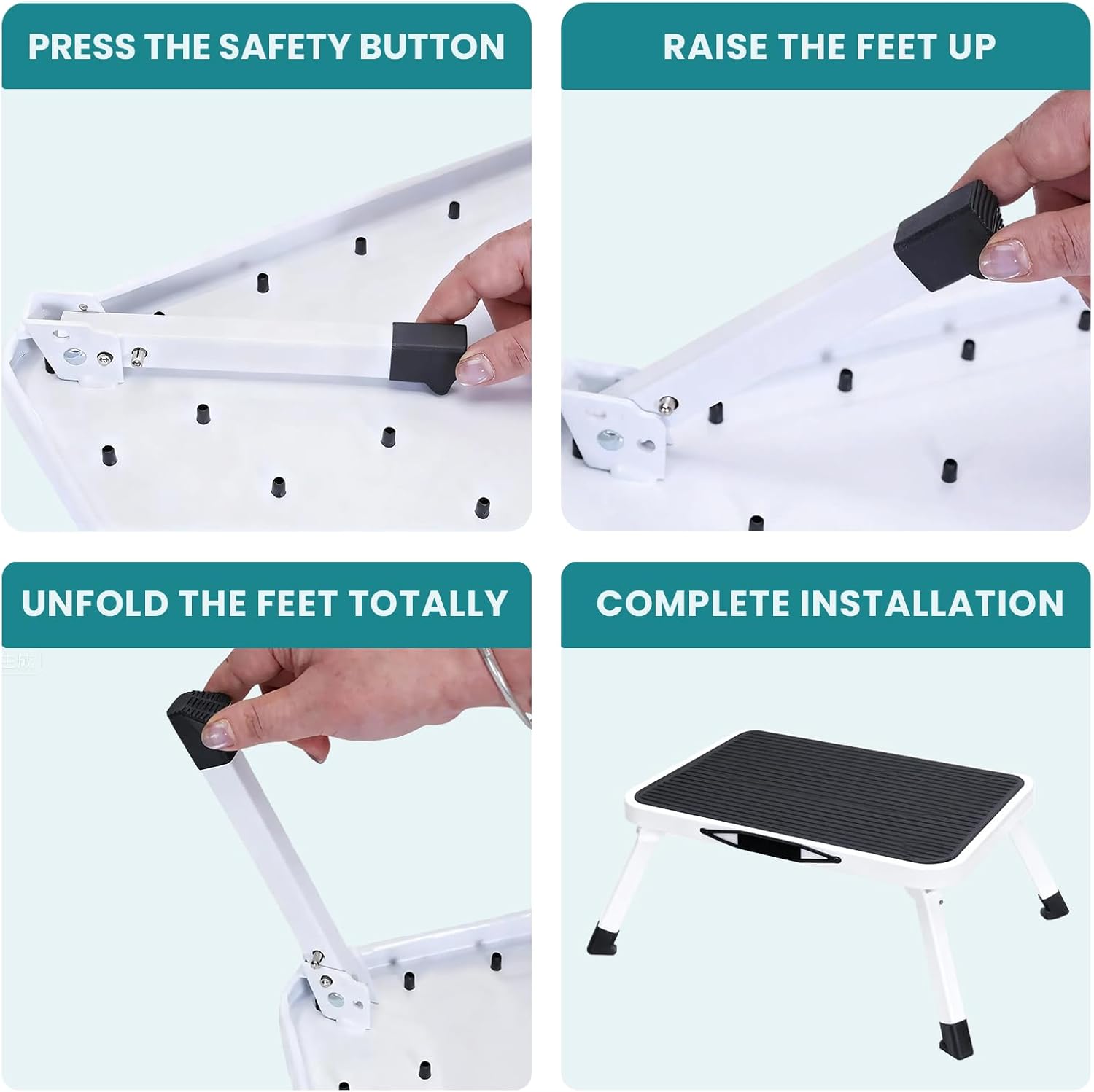 NEWBULIG Foldable Step Stool, Reinforced Sturdy Metal, 330lbs Capacity, Non-Slip Platform & Thickened Rubber Feet, for Home, Kitchen, RV, Indoor Outdoor, Black Platform+White Feets