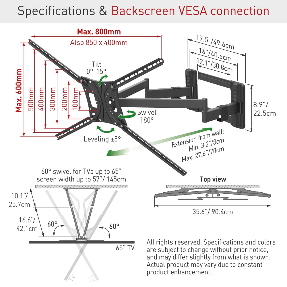 Barkan Soporte TV de Pared 70cm de Largo Brazo Doble, Inclinable y Giratorio, Articulado, para Pantallas de 55-100 Pulgadas, Peso máximo 70Kg, Extra Estable, para LED OLED LCD, hasta VESA 800x600