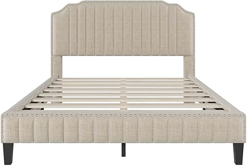 Miniatura 5 de FTOPBTB Base de cama tapizada de lino de tamaño Queen con cabecera moderna con ribete de clavos, soporte de listones de madera maciza,