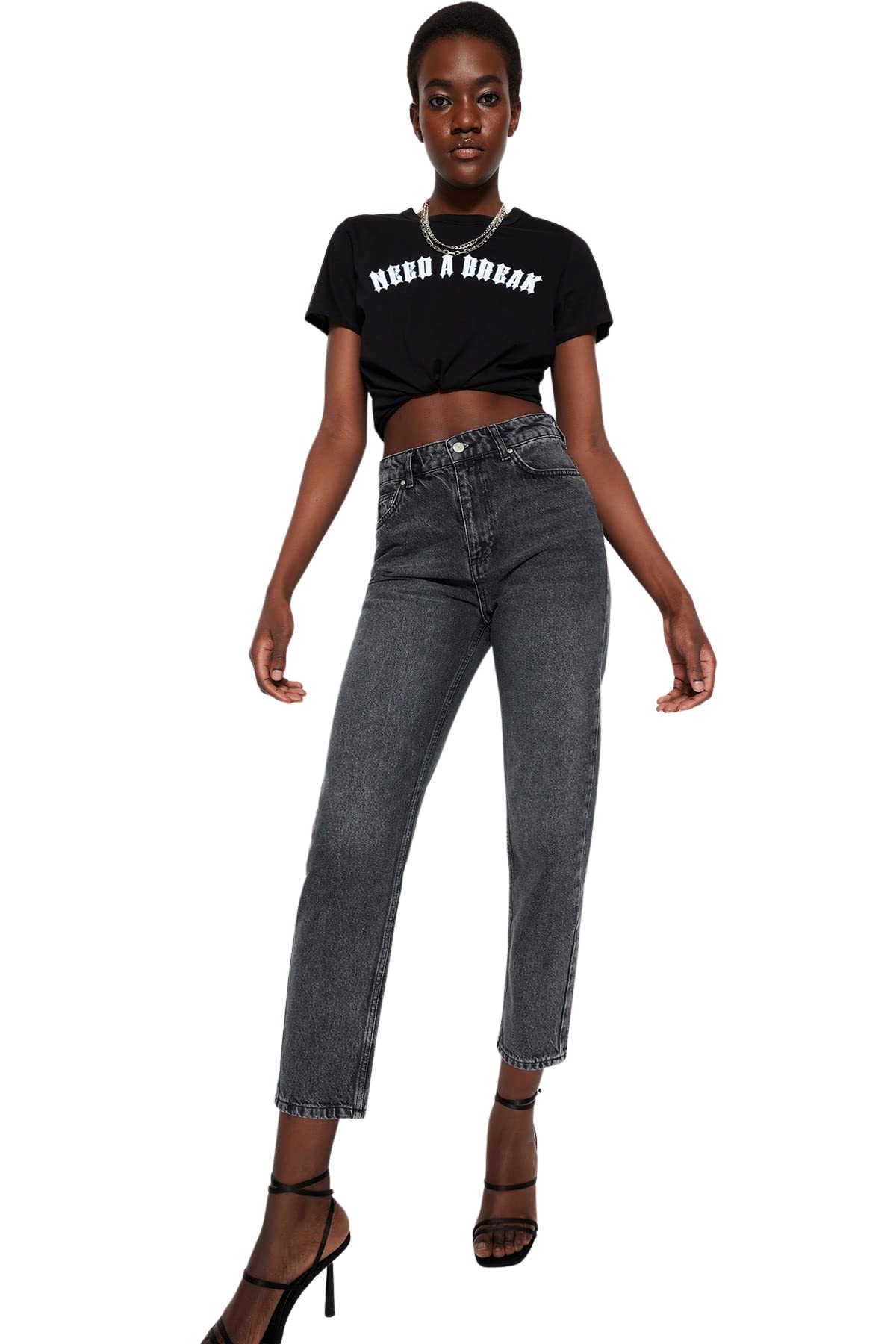 Trendyol Women High Waist Wide Leg Mom Jeans,Anthracite,34