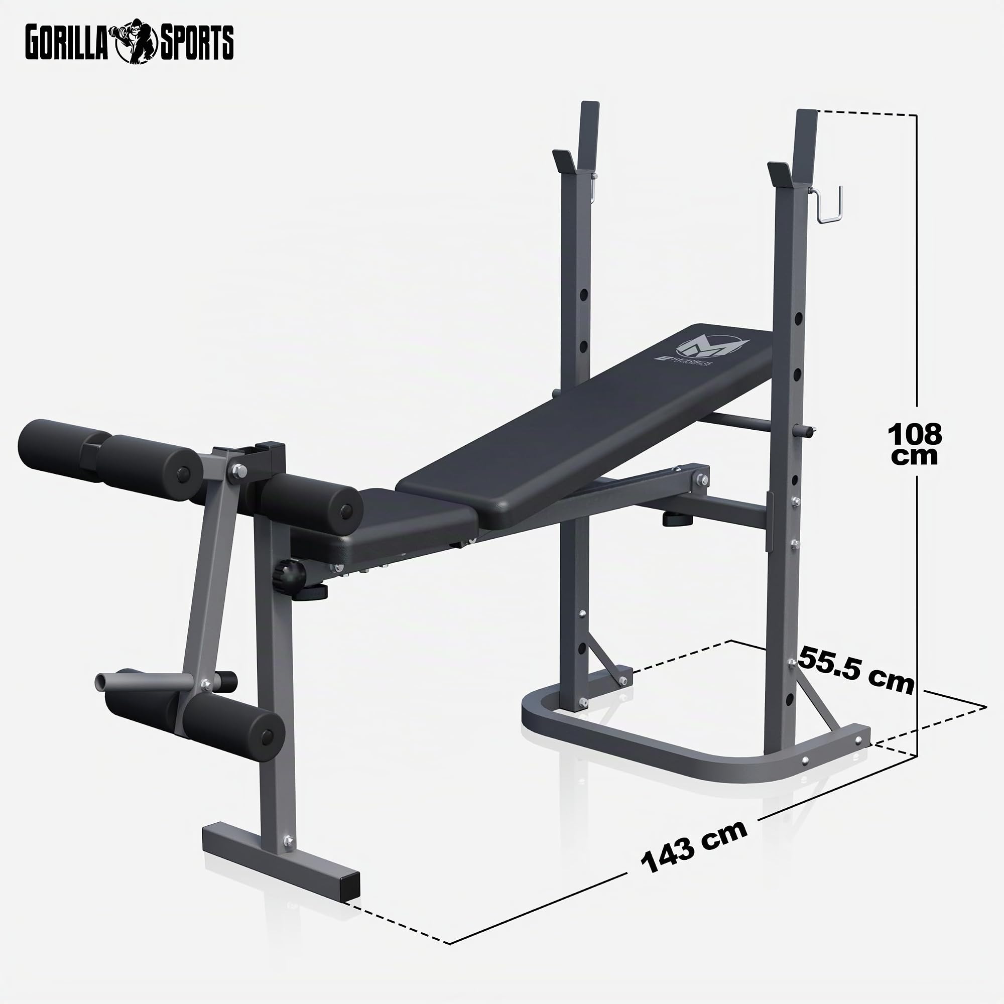 GYRONETICS® Hantelbank klappbar, 3-fach verstellbar, Ablage, bis 220 kg | Mit Beincurler, Federverschluss, Stahlrahmen und Kunstlederpolster; Trainingsbank, Schrägbank, Sit-up-Bank, Kraftstation