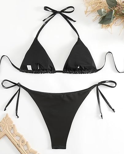 Miniatura 2 de Traje de baño metálico brillante para mujer, traje de baño de cintura alta, triángulo, lazo lateral, conjunto de bikini