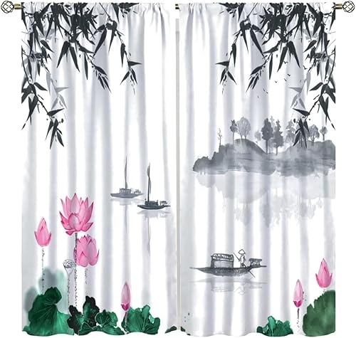 Miniatura 9 de Cortinas con estampado de bambú, hojas de bambú japonesas, flores rosas, loto, cortinas con bolsillo para cortinero para dormitorio, sala de estar,