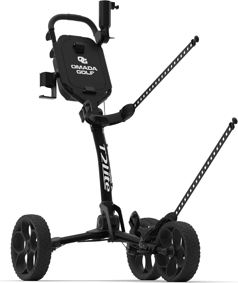 Carrito de golf T2Lite | Carrito de golf plegable ligero y ultracompacto | Ruedas todoterreno grandes | Soporte para paraguas incluido | Consola de almacenamiento profundo | Mango ajustable, freno de mano + portavasos