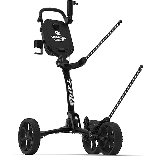 OMADA GOLF T2Lite Golf Push Cart | Lightweight, Ultra-Compact Folding Golf Cart | Large All Terrain Wheels | Umbrella Holder Included | Deep Storage Console | Adjustable Handle, Handbrake + Cup Holder