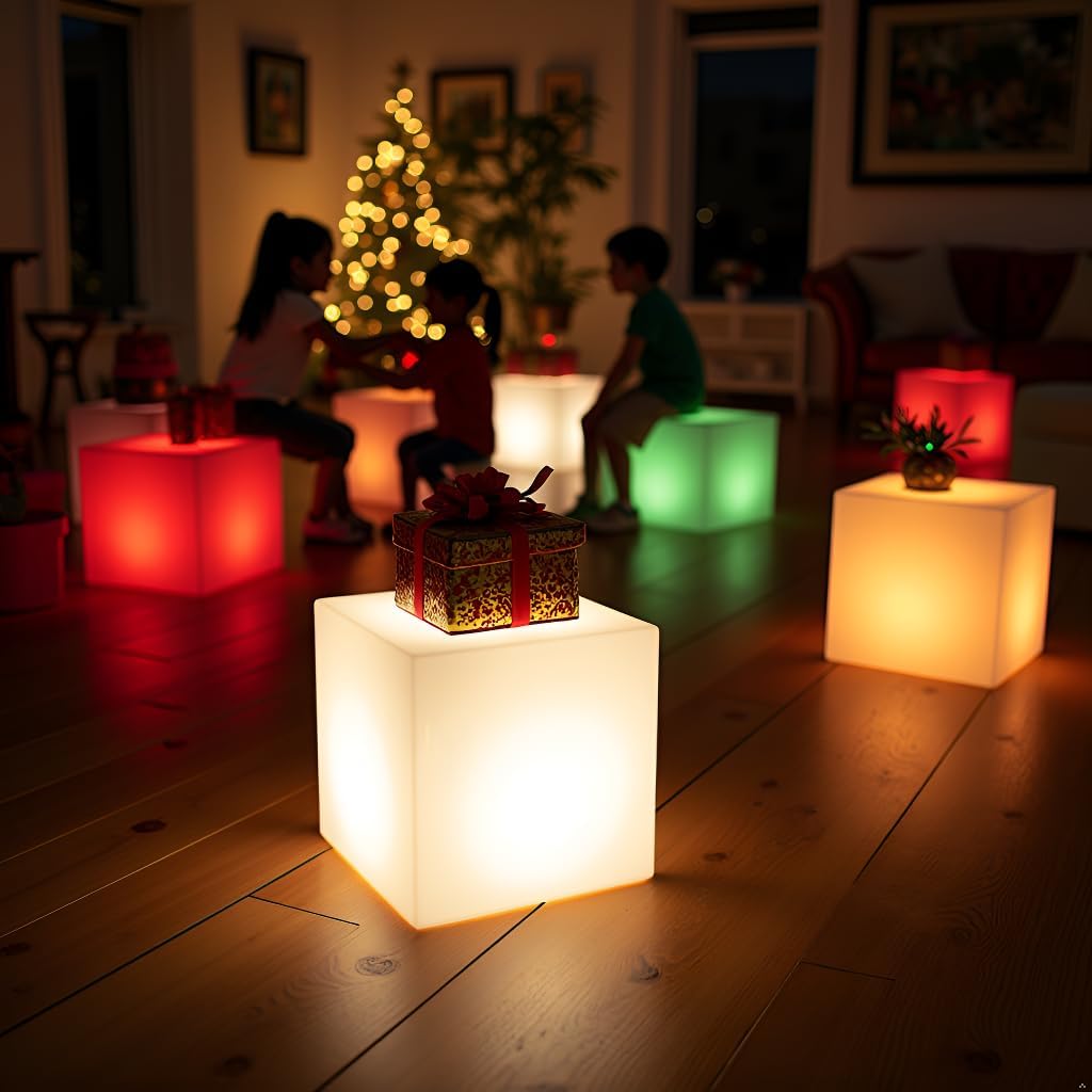 14 inch Versatile LED Cube Light Chair, Rechargeable Light Cubes Table w/Remote, RGB Color Changing Night Light Cube, IP65 Waterproof Lighted Cubes Stool Mood Lights for Kid Home Garden Patio Party