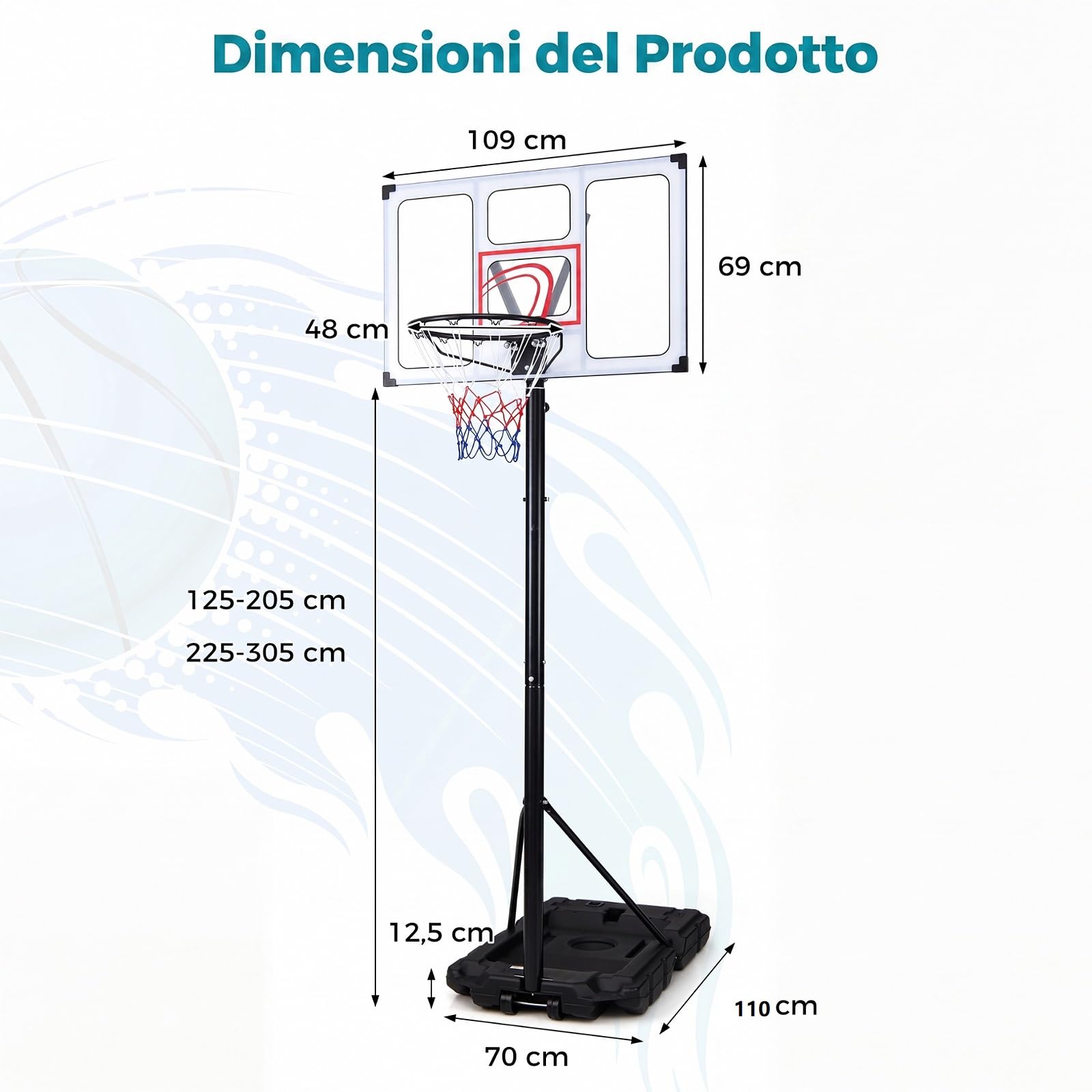 COSTWAY Canestro da Basket da Esterno ed Interno 305 cm | Canestro Basket Professionale e Regolabile in 16 Altezze, Portatile con Ruote, Tabellone PC Infrangibile e Base Riempibile