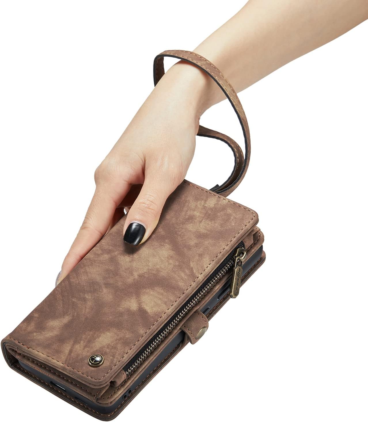 Case for Samsung Galaxy S23 Plus,Genuine Leather Wallet Detachable Magnetic Cell Phone Cover Wireless Charge Zipper Purse RFID Blocking Card Slot Holster for Galaxy S23 Plus (Brown)