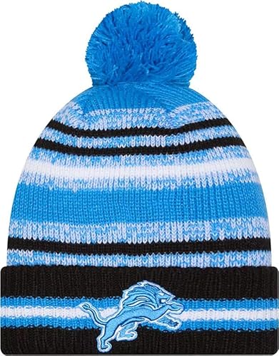 New Era Detroit Lions Sideline Sport Black Striped Cuffed Football Knit Beanie Hat Pom - NFL Cheer Cuff Knit Cap