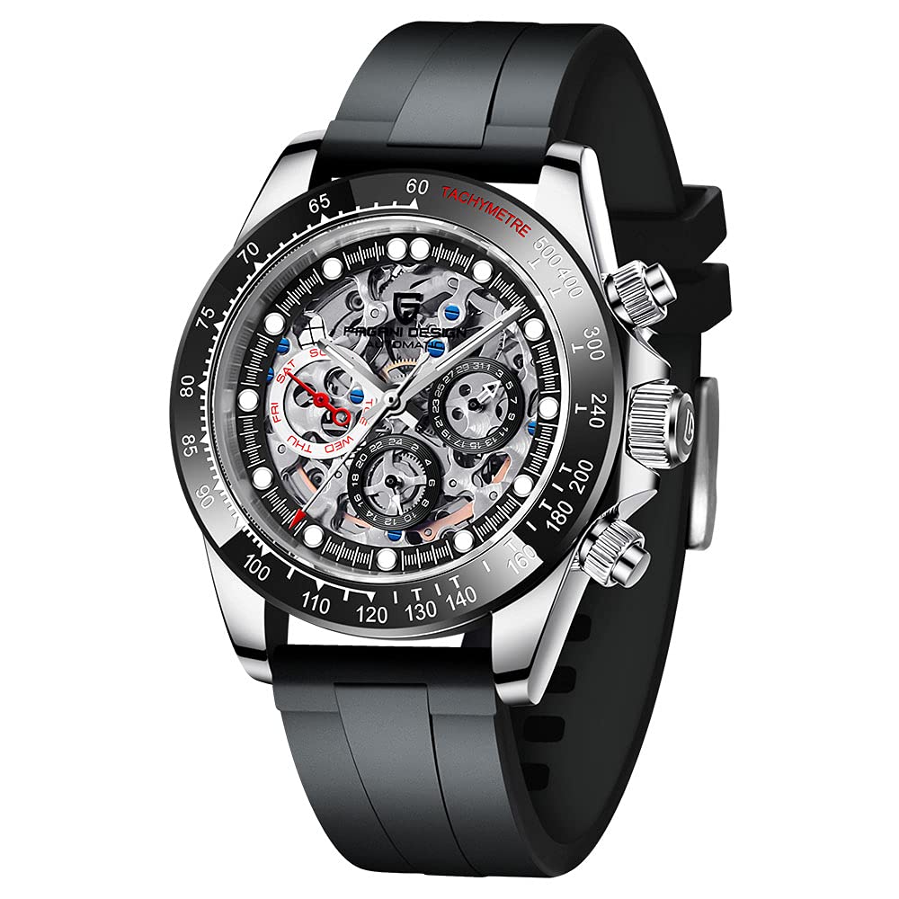 Pagani Design Lusso Uomo Orologio Meccanico Automatico Gioiello Arcobaleno Lunetta Scheletro Quadrante Acciaio inossidabile 100M Impermeabile Luminoso Orologi Cronografo Sportivo Multifunzionale