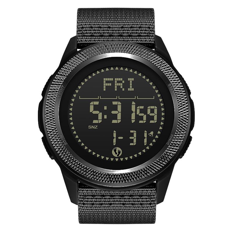 Front view of the NORTH EDGE C-Nexus digital watch with a black carbon fiber case and black nylon strap, displaying time and date.