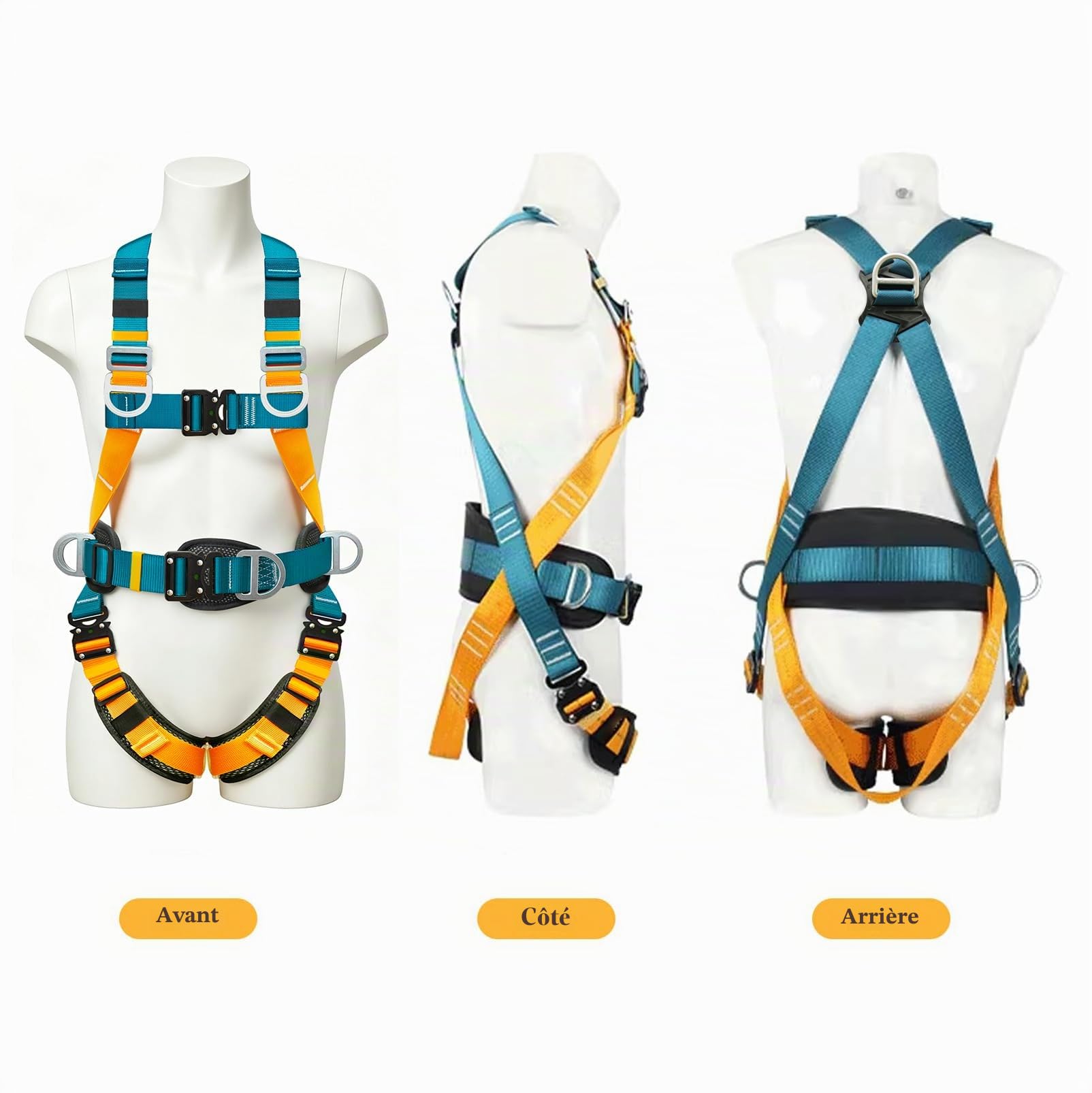 Harnais de Sécurité avec Longes, Harnais securite Anti Chute, Baudrier Escalade, avec 2 Grandes Boucles et 2 Longes de 2 m, Ceinture Réglable, Portante 140 kg, pour le Travail Aérien, Hommes