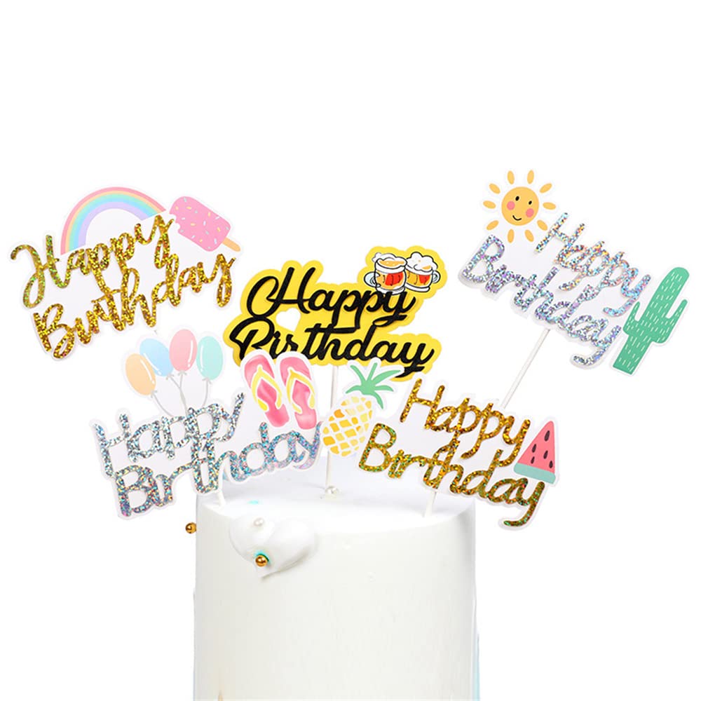 Pack of 5 Various Summer Beach Happy Birthday Cake Topper，Beach Cake Decorations Summer Pool Swimming Surfing Hawaiian Luau Cake Decorations Summer Holiday Birthday Party Favor Supplies