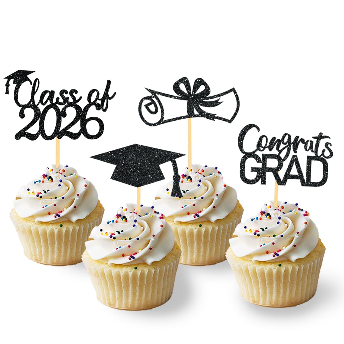 Photo 1 of 2026 Graduation Theme Cupcake Toppers Glitter Class of 2026 Graduation Cap Diploma Cupcake Picks - Set of 24 (Black)