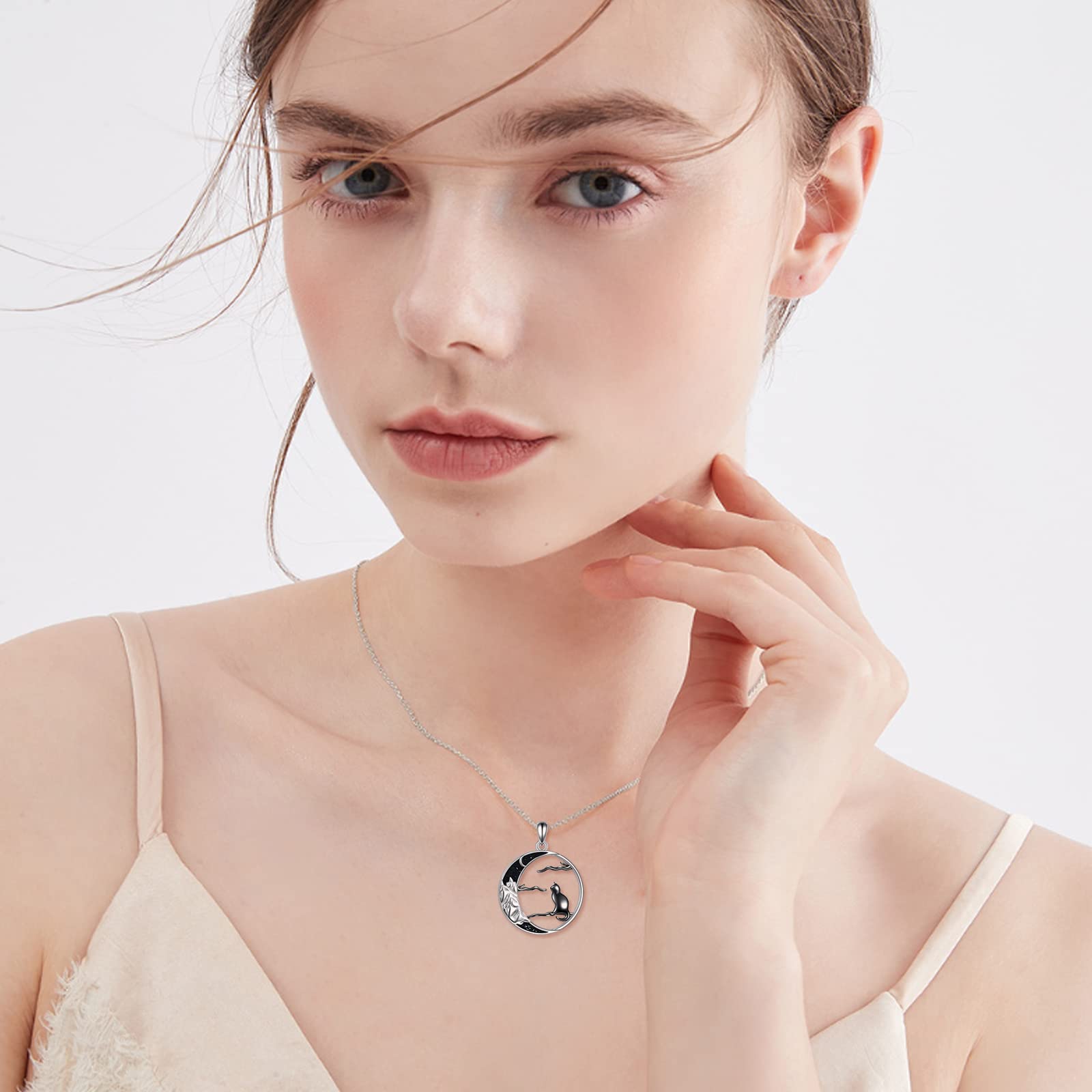 POPLYKE Schwarz Katze Kette für Frauen Sterling Silber Keltische Mond Katze Schmuck