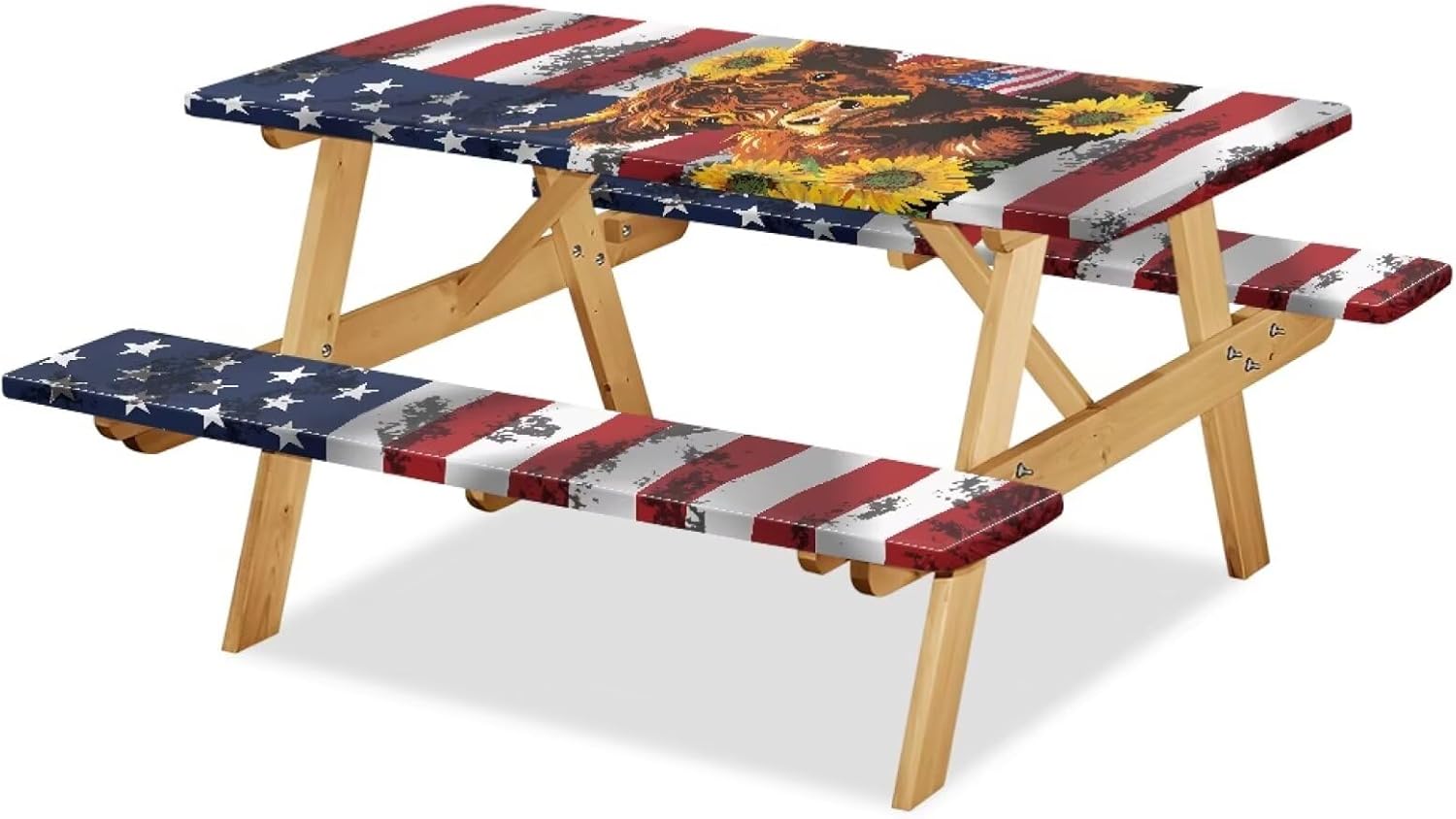 American Flag Picnic Table Cloth Camping Tablecloth for Picnic Table for 4Th of July Patriotic Cover Waterproof Windproof Camping RV Gear Must Have 72x30 Inches 3 Pcs Set, USA Highland Cow
