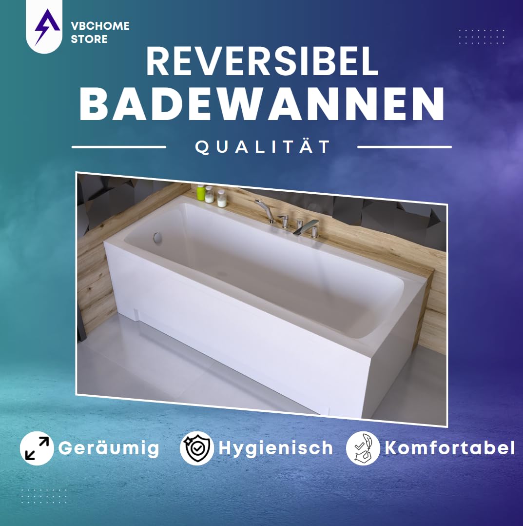 VBChome Bañera acrílica 140x70 cm, bañera rectangular blanca, sifón, patas de baño, diseño moderno, grifo de desagüe en cromo