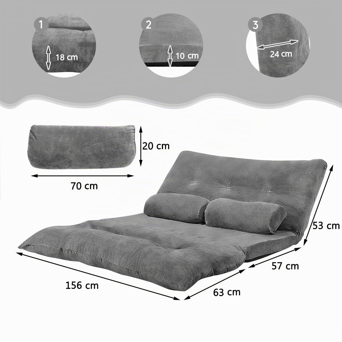 COSTWAY Canapé de Sol Pliable en Velours Côtelé, Canapé-Lit Convertible avec Dossier Réglable à 6 Positions, Chauffeuse Paresseuse à 2 Places avec 2 Oreillers, Charge 150 kg (Gris)