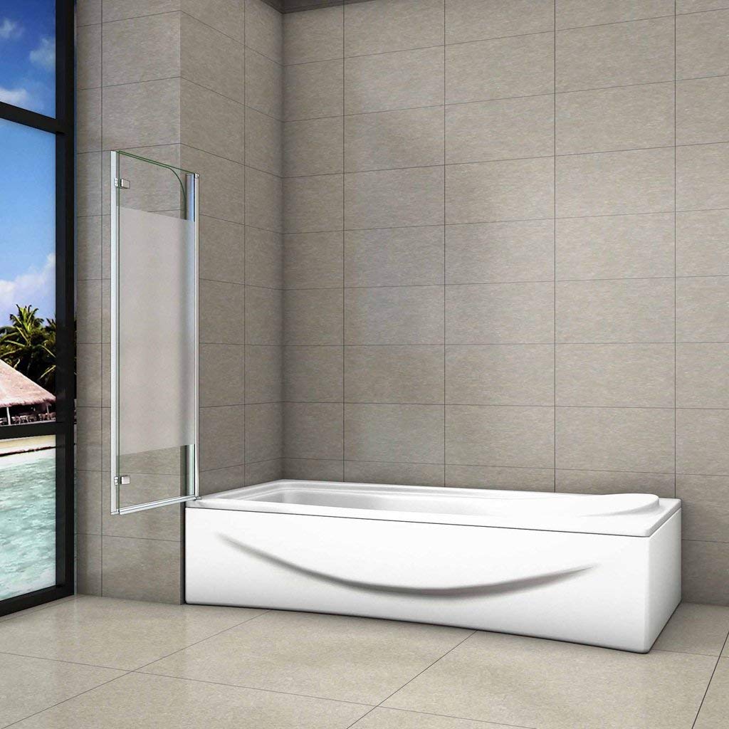 Sopravasca Parete Per Vasca Apribile 180 Gradi Montaggio verso Sinistro 100x140 cm in Vetro Temperato 6mm Trasparente Anticalcare Fascia Centrale Opaca