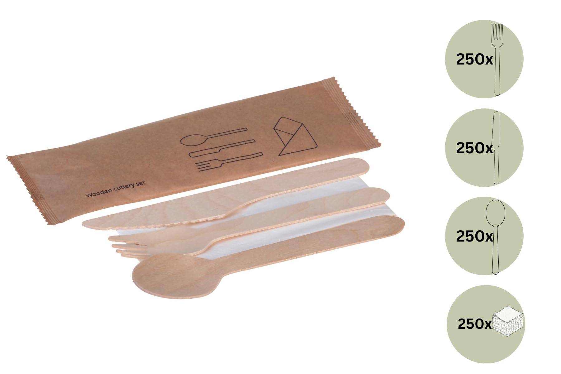 250 Bestecksets 4-teilig | 1000 teile | Einwegbesteck aus Holz, biologisch abbaubar- kein Plastik - Gabel, Messer, Löffel, Serviette | Hygienisch verpackt