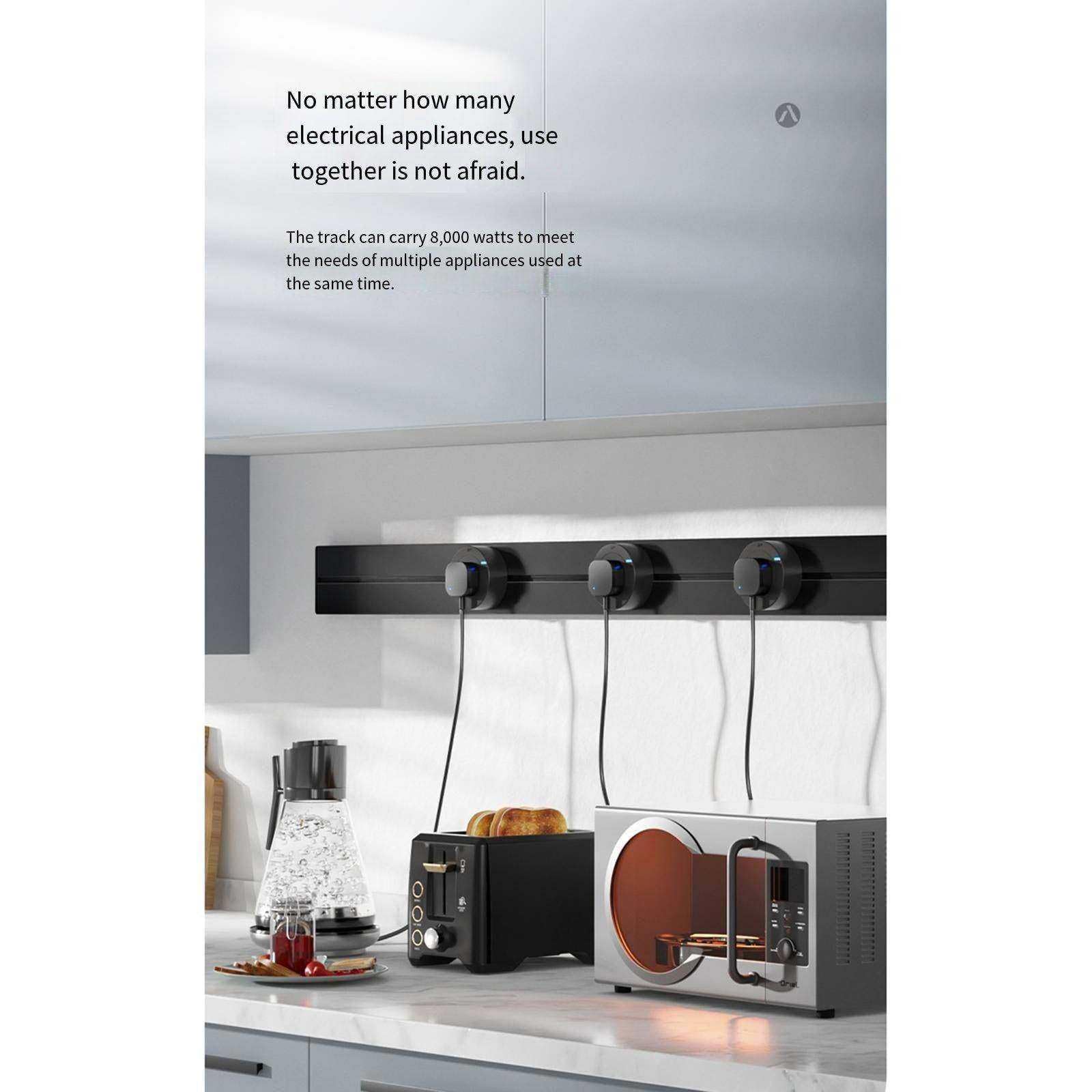 Listwa zasilająca, montowana na ścianie, wyjmowana listwa zasilająca, szyna 100 cm i 6 adapterów, 110–250 V AC, 8000 W, 32 A, listwa zasilająca do kuchni, biura, przyborów szkolnych,Grey