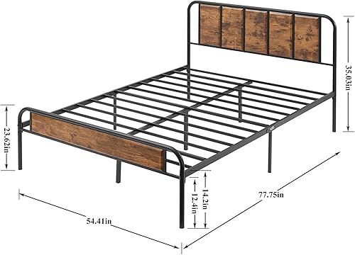 Miniatura 9 de VECELO Base de cama individual con plataforma de metal resistente con cabecero de madera, base de colchón, listones de acero fuerte, soporte de