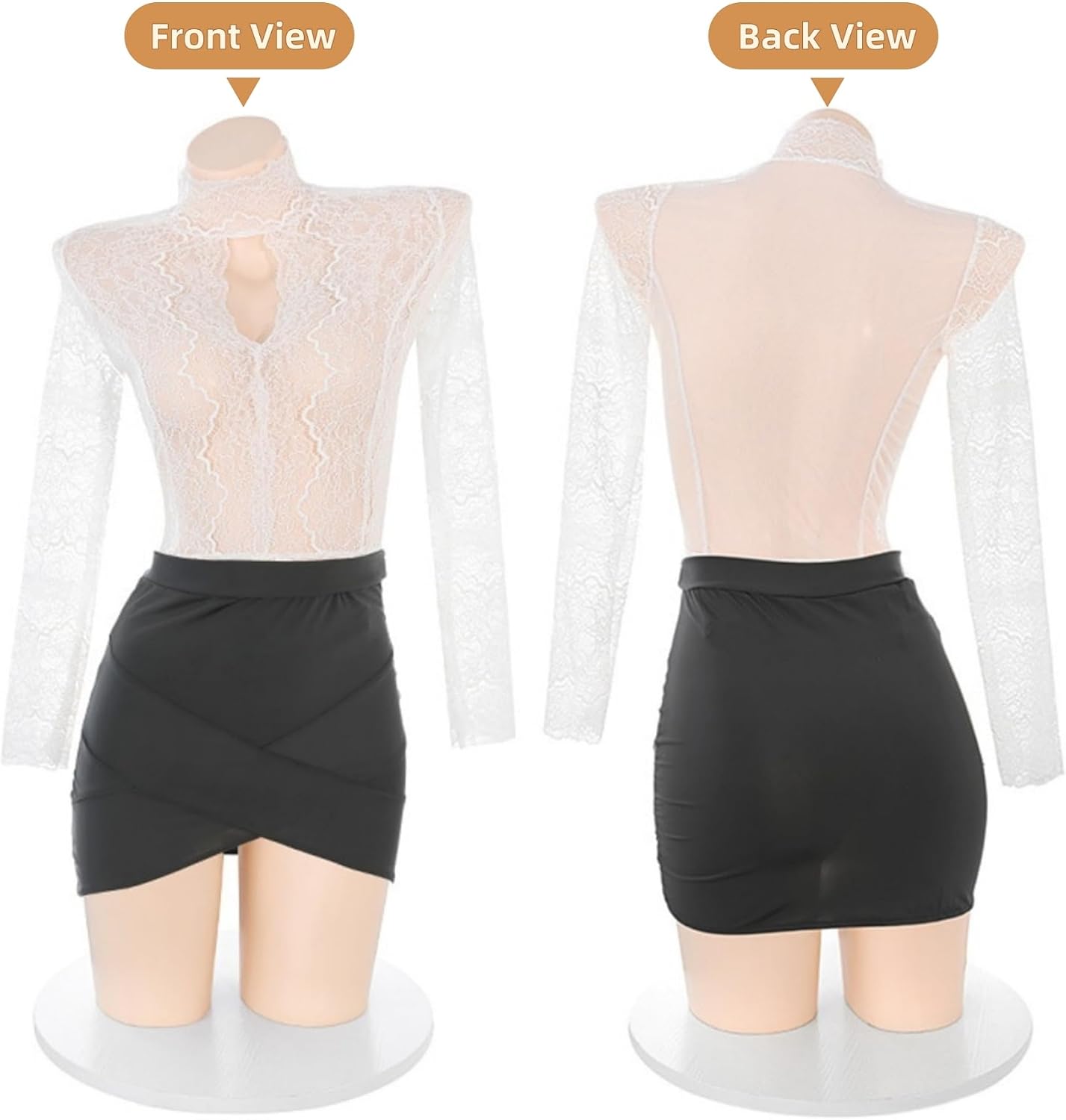 BIGFOX Women‘s Secretary Teacher Role Play Costume - 2-Piece Lace Top Long Sleeve & Black Bodycon Mini Skirt, Sexy Office Lady Outfit for Halloween Cosplay