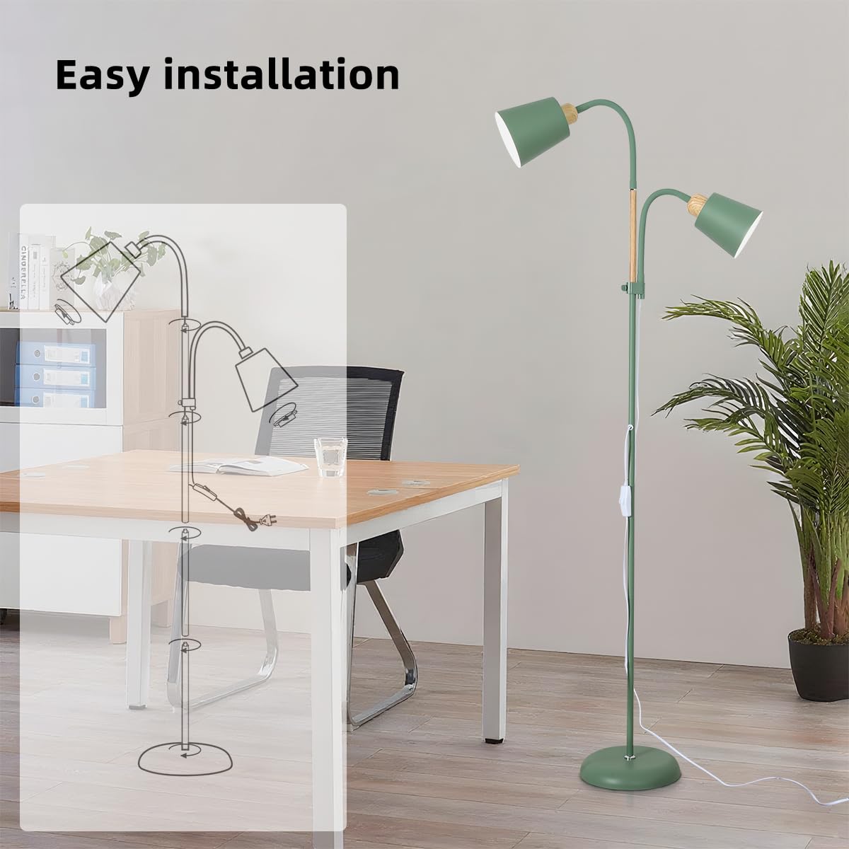 ANTENLICHT Lampada da terra YOYO con luce lettura | E27 max 60W | 2 teste orientabili 360° | Design vintage moderna in metallo per soggiorno | Altezza 159cm verde, senza lampadina