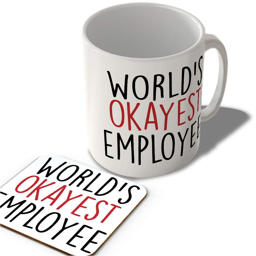 Mcmug White - World's Okayest Employee - Mug And Coaster Set, Ceramic, 11Fl.oz.