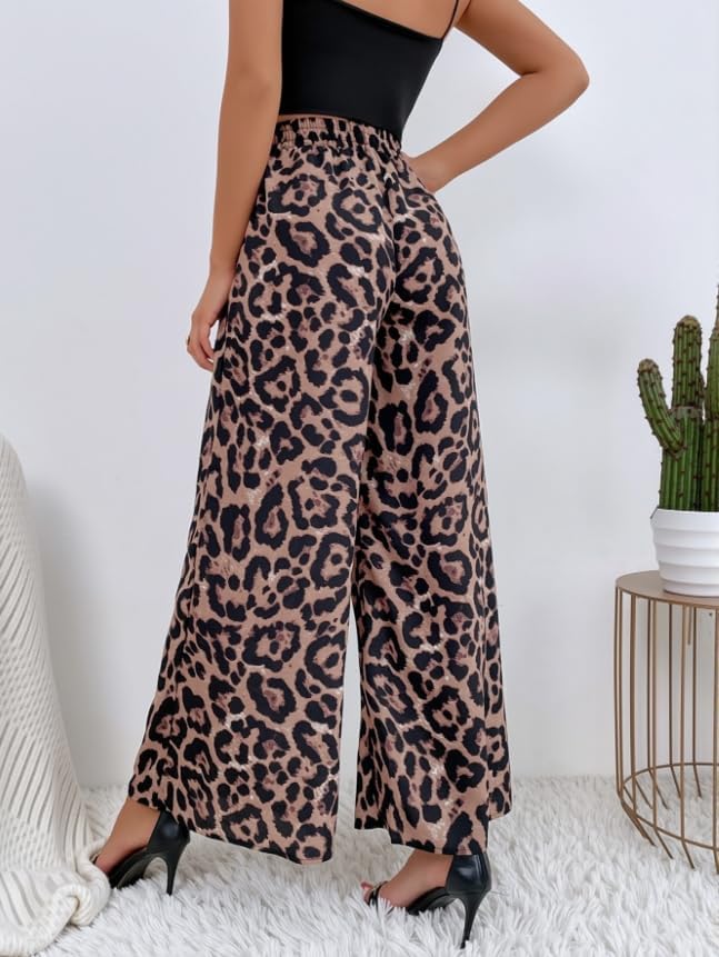 Women's Leopard Pants Elastic High Waist Wide Leg Trousers with Pockets Casual Streetwear 2026 Fall Leopard Pants - Image 3