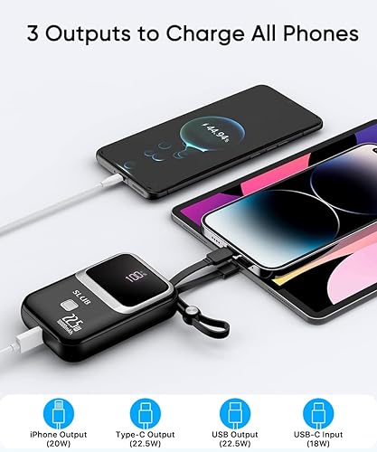 Miniatura 3 de Cargador portátil con cable integrado de 22.5 W, banco de energía de carga rápida de 10000 mAh, batería externa USB C para teléfono con 3 salidas,