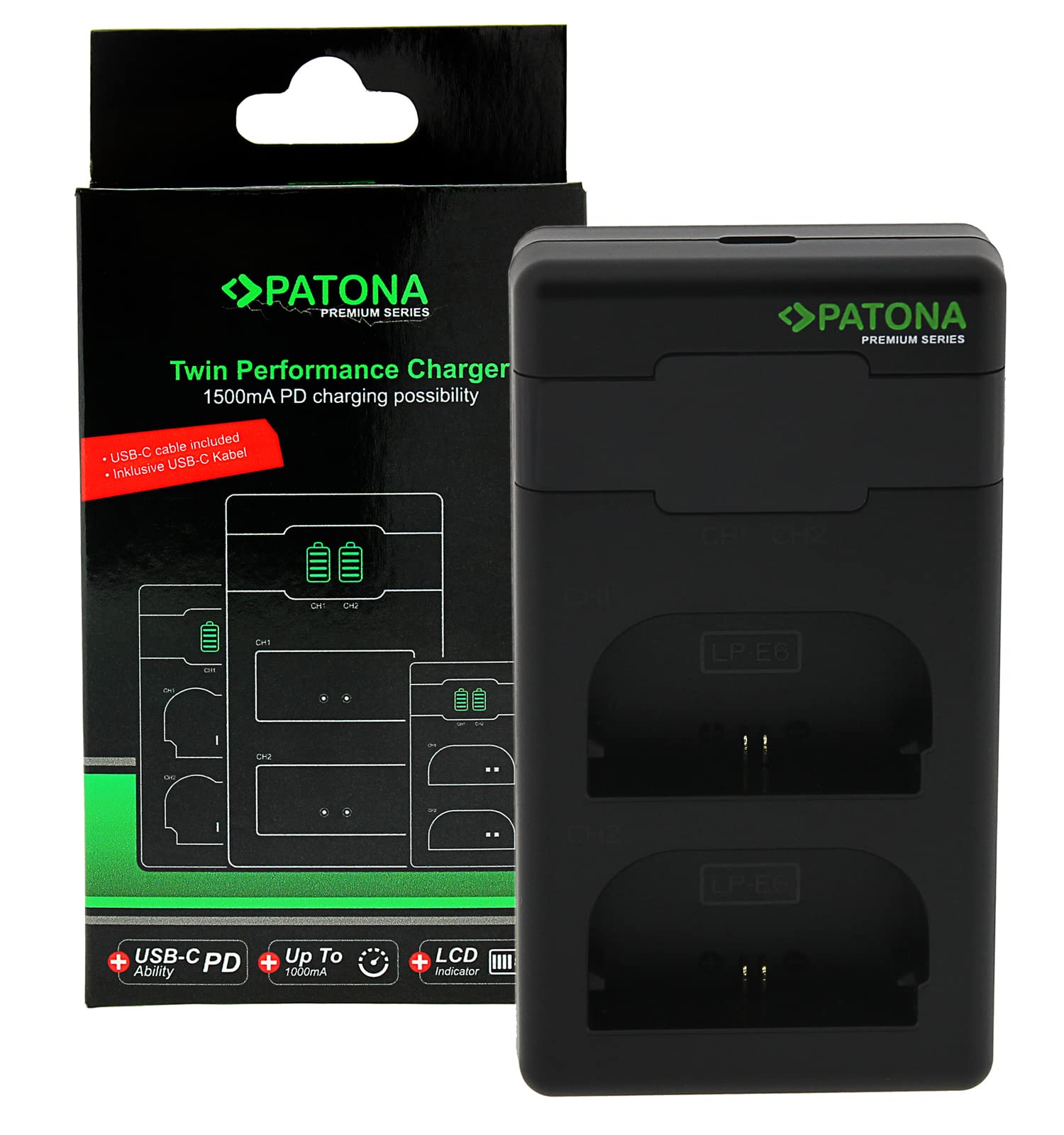 PATONA LP-E6NH LP-E6N LP-E6 Premium Caricabatterie PD-Performance (1500mA), Caricatore Dual LCD USB-C PD/QC capace, ricarica rapida con alimentatore 20W compatibile con Canon EOS R5 R6 R7 5D 6D XC10