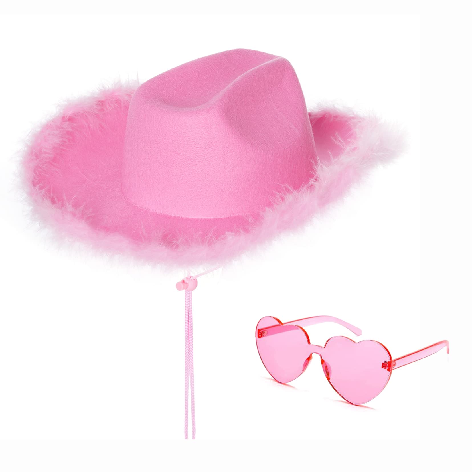 jerbro Juego de 2 sombreros de vaquero rosa y gafas de sol en forma de corazón, disfraz para niñas y mujeres, accesorios de fiesta de cosplay de Halloween