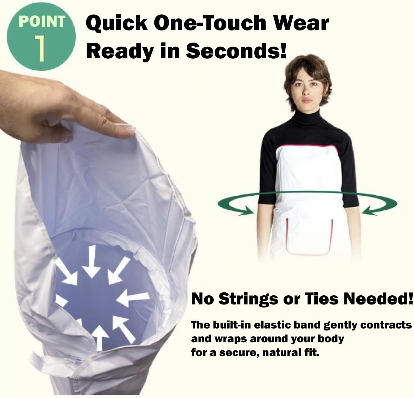 ONE TOUCH APRON PRO WITH POCKET Strapless Apron – No Shoulder Strain, White and green kitchen apron without ties - Waterproof apron - Waiter's apron with adjustable headband - Japan Brand - Image 4
