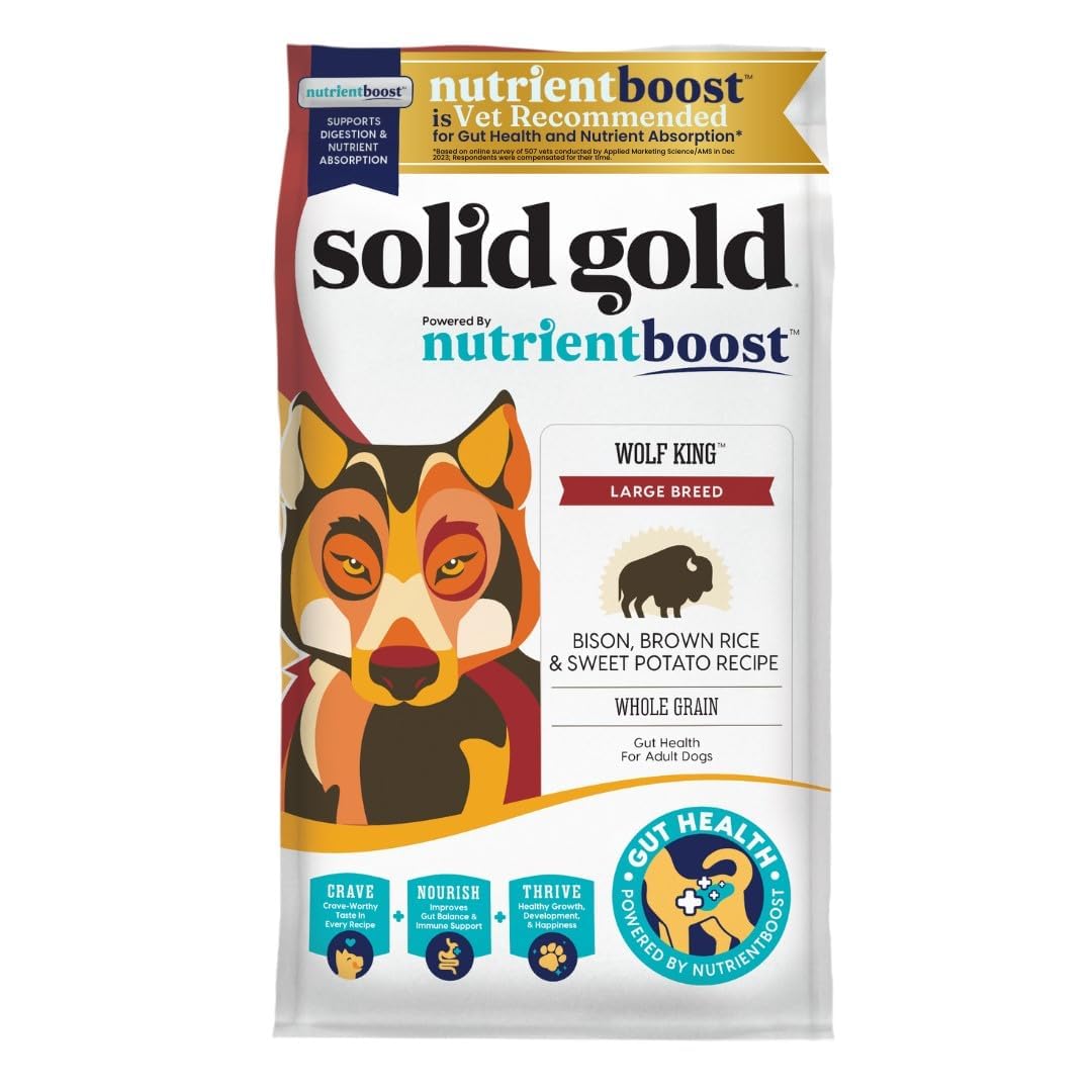Solid GoldLarge Breed Adult Dry Dog Food Whole Grain Kibble with Real Bison, Brown Rice, Sweet Potato and Omega 3 Fish Oil for Dogs, Probiotics - Nutrientboost - 22 LB