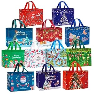 Heetobcos Paquete de 12 bolsas de regalo de Navidad, bolsas grandes reutilizables, bolsas no tejidas para compras de Año Nuevo, sorpresa de Navidad, suministros de fiesta de Navidad, 12.8 x 9.8 x 6.7