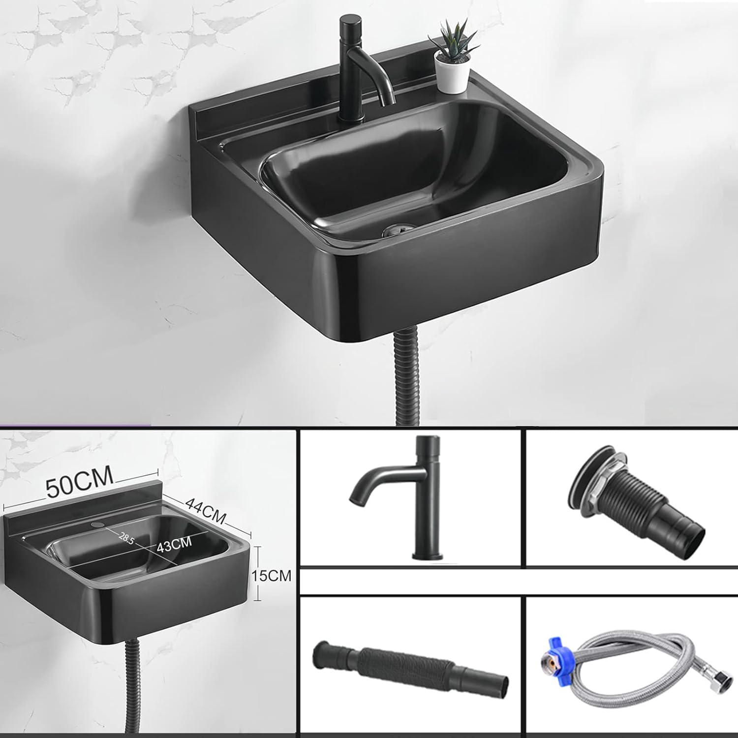 Wall Mounted Stainless Steel Bathroom & Laundry Sink Commercial Hand Wash Basin with Faucet & Drain Black & White Utility Set for Restaurants & Prep Areas,White-Set 3