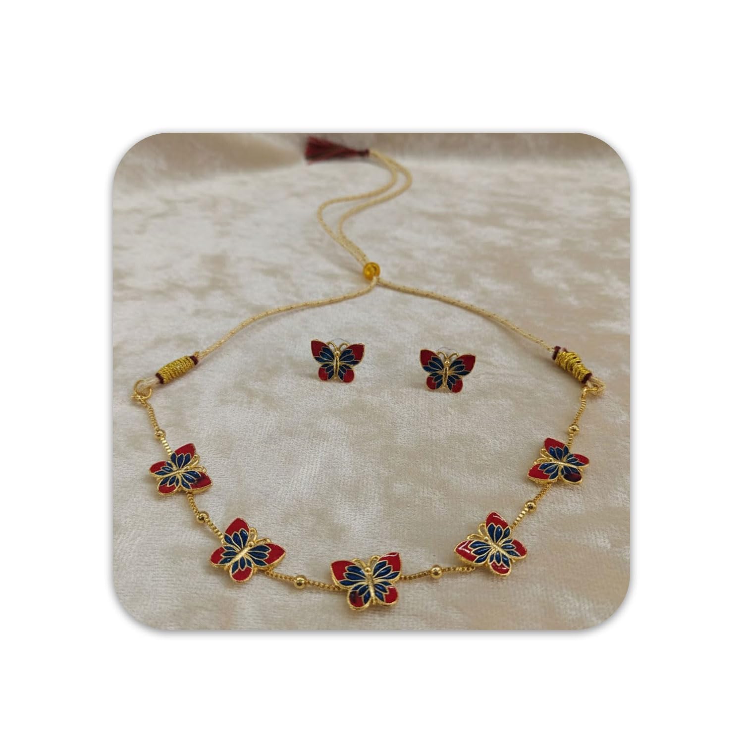 vama FASHIONS 18K Gold Plated Red & Blue Butterfly Design Necklace Chain Stud Earrings Lightweight Adjustable Jewellery Set For Women & Girls-picture-36