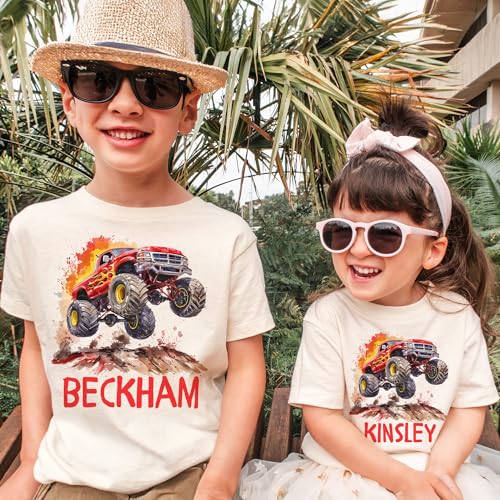 Personalized Red Monster Truck Shirts For Kids - Custom Name Red Flames Monster Truck T-Shirt - Natural Boys & Girls Toddler, Youth Clothing2