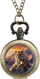 Alpine Snow Mountain Tiger at Sunset Vintage Quartz Pocket Watch with Chain Numerals Scale for Christmas Graduation Birthday Gift