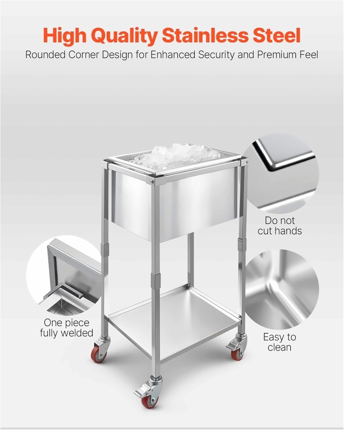 Rolling Ice Chest Cooler Cart, 32.8 Quart Stainless Steel Outdoor Cooler Trolley, 22x16x38 Inch Portable Stand Up Cooling Bin on Wheels with Shelf for Patio, Party