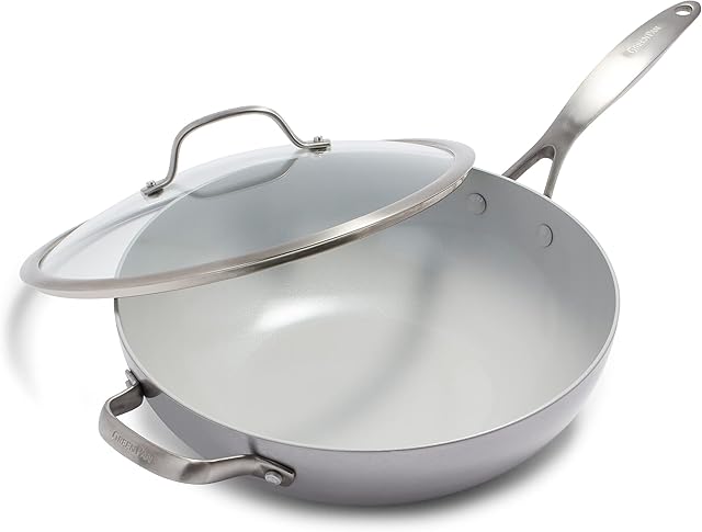 GreenPan Venice Pro Tri-Ply Stainless Steel Healthy Ceramic Nonstick 30 cm/4.7 Litre Wok Pan with Helper Handle and Lid, PFAS-Free, Multi Clad, Induction, Oven Safe, Silver
