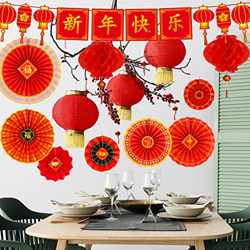 Winlyn 20 Pcs Bulk Chinese Lunar New Year Party Decorations Red Lanterns Oriental Hanging Lucky Paper Fans New Year Banner for Asian Vietnamese TET The Year of Horse Festival Wedding 2026 Decor
