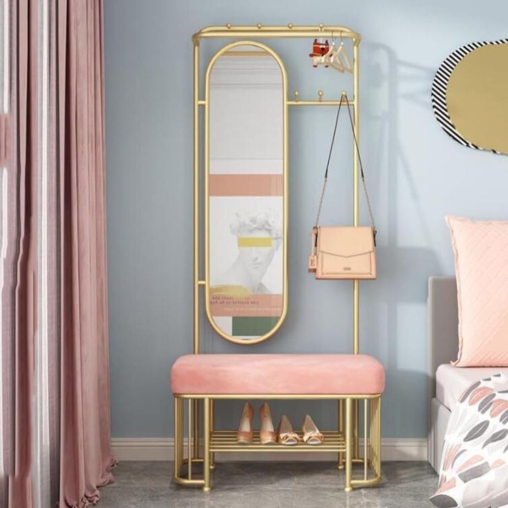 Arbre d'entrée industriel avec crochets amovibles, miroir et banc – Porte-manteau réglable avec étagère de rangement 80/100 cm (80 x 37 x 180 cm) pour entrée