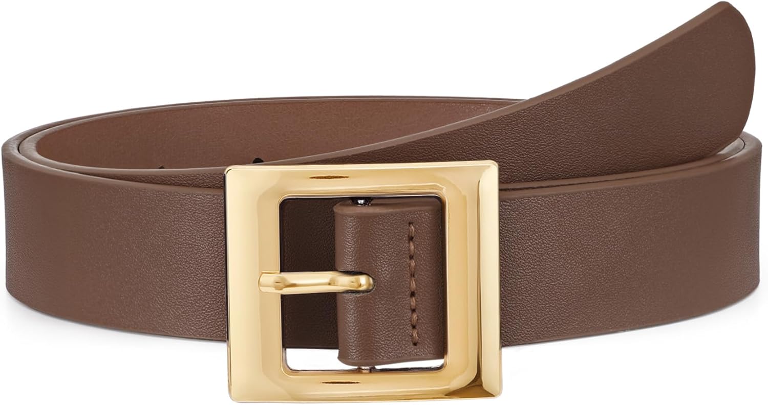 WHIPPY Women Fashion Leather Belt for Jeans Pants Dress Ladies Black Belts with Square Gold Buckle